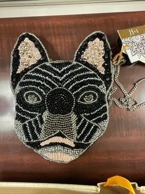 Beaded French Bulldog Face Crossbody Bag - Black & Pale Pink